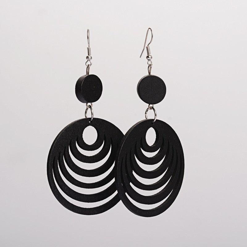 Wooden earrings, Waves (black) - black round wooden earrings