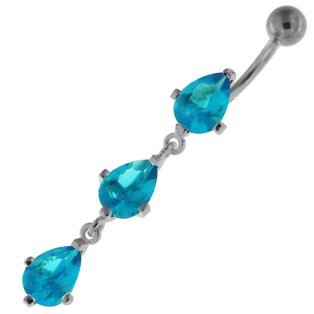 Silver belly button ring with titanium stem (8mm), Turquoise crystal, Three Teardrops