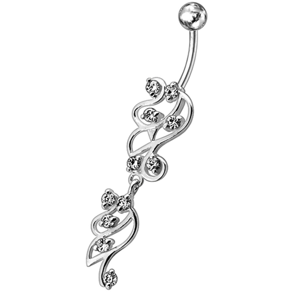 Silver belly button ring, Clear crystal, Delicate Swirls