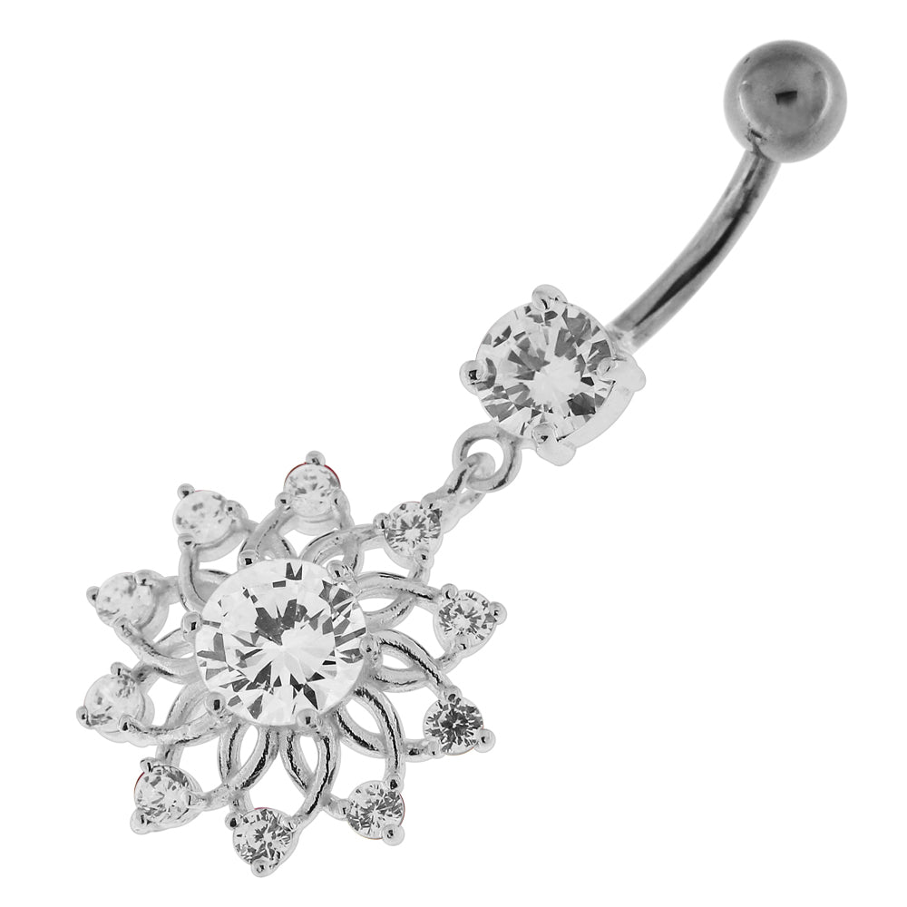 Silver belly button ring with titanium stem, Flower