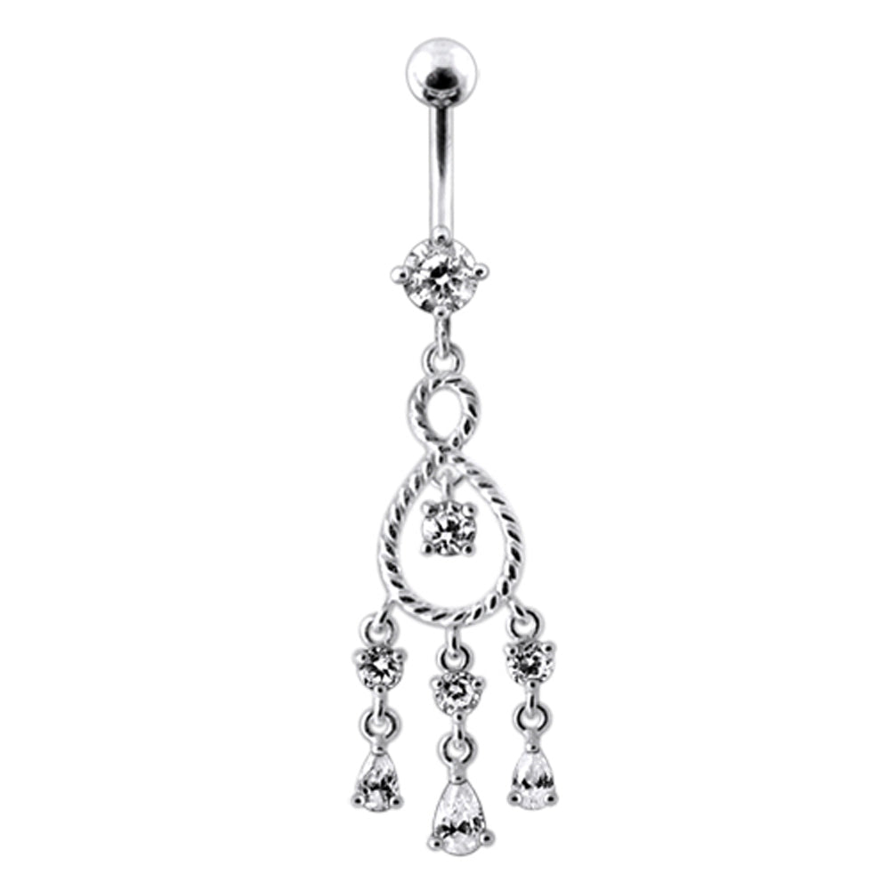 Silver navel ring, Clear crystal, Long Chandelier