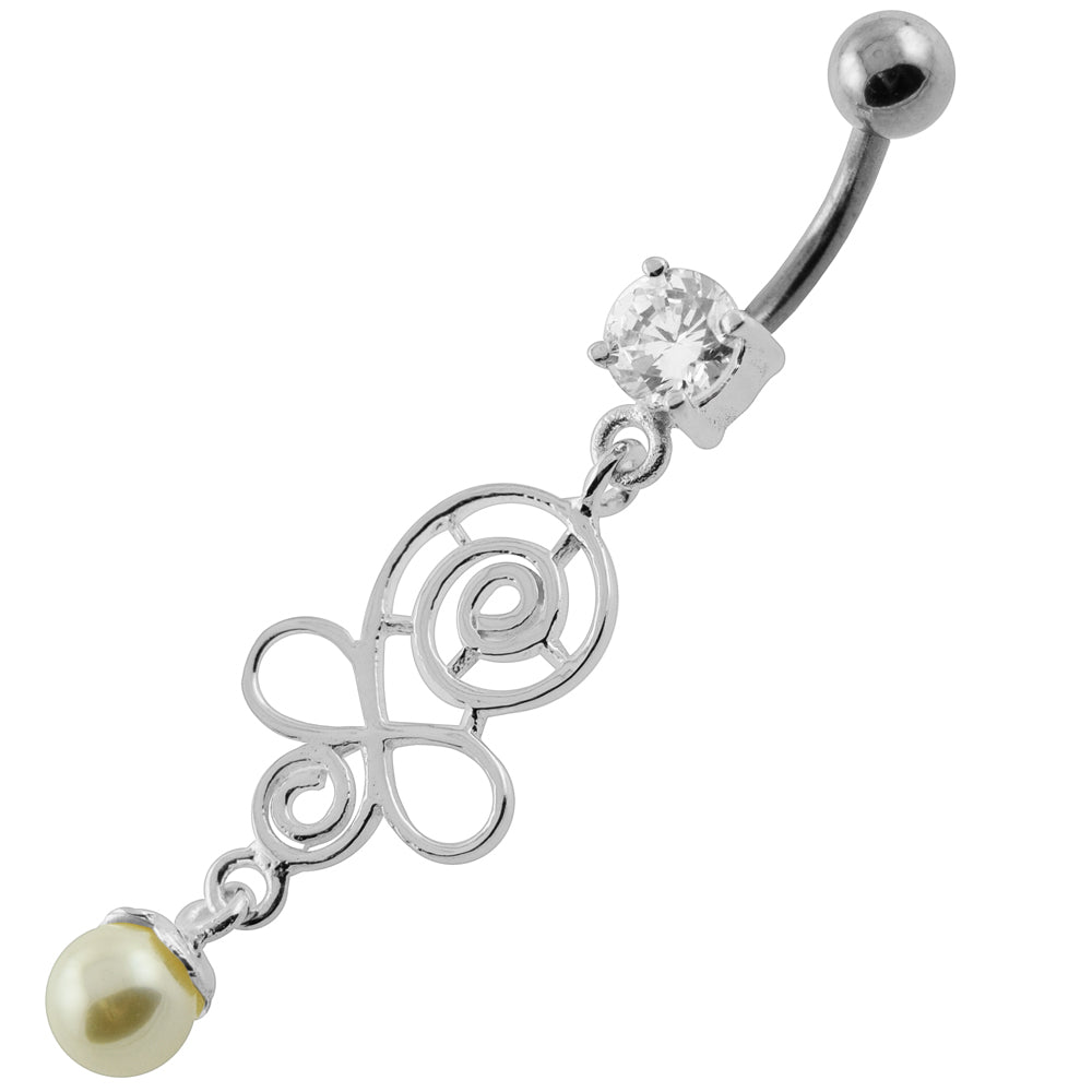 Silver belly button ring with titanium stem, Pretty With Pearls