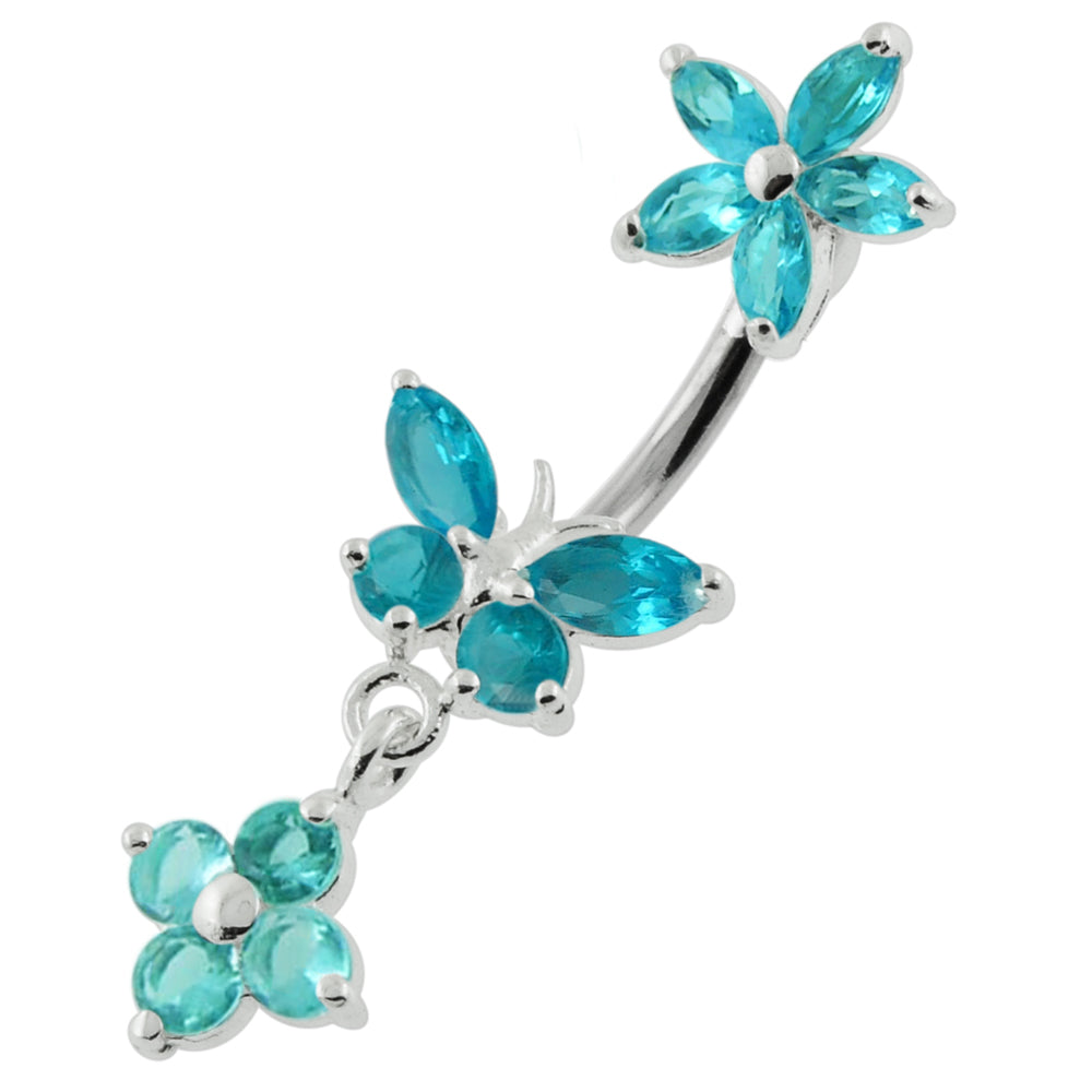 Silver belly button ring with titanium stem, Turquoise Butterfly