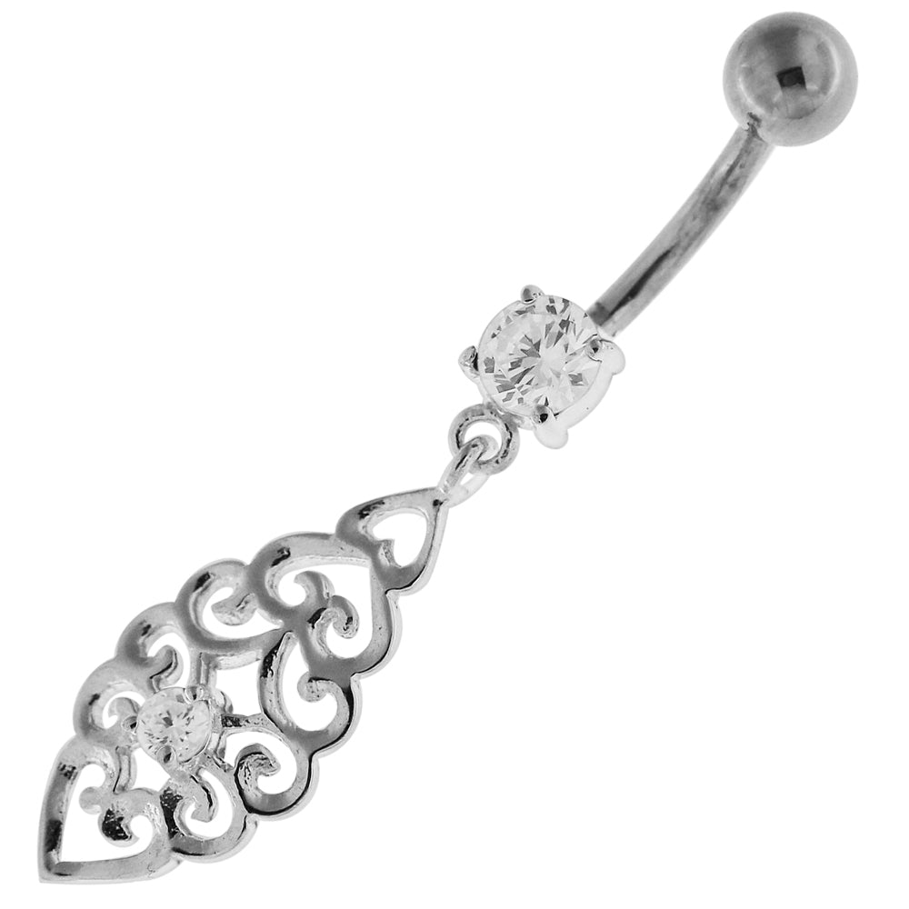 Silver belly button ring with titanium stem, Clear crystal, Simple Lace Leaf