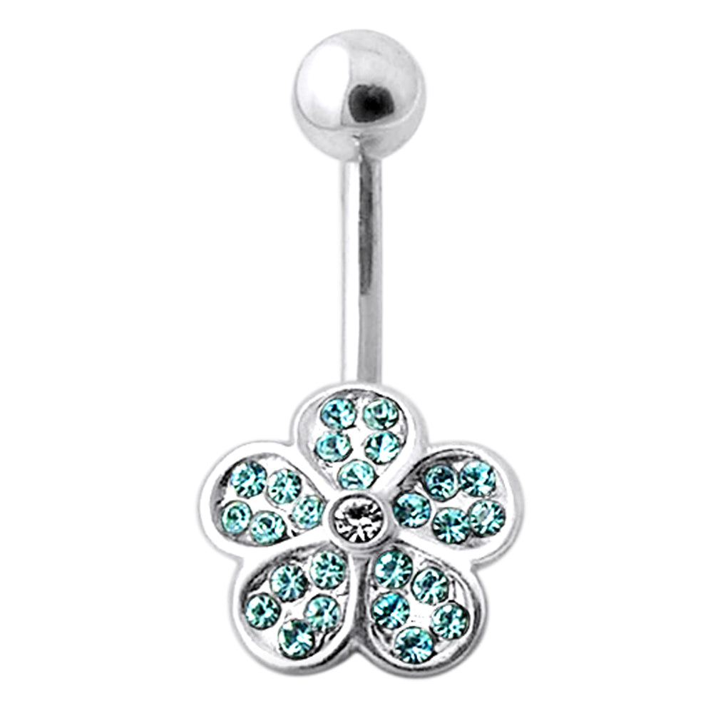 Silver belly button ring with titanium stem, Small Pretty Flower in Turqoise