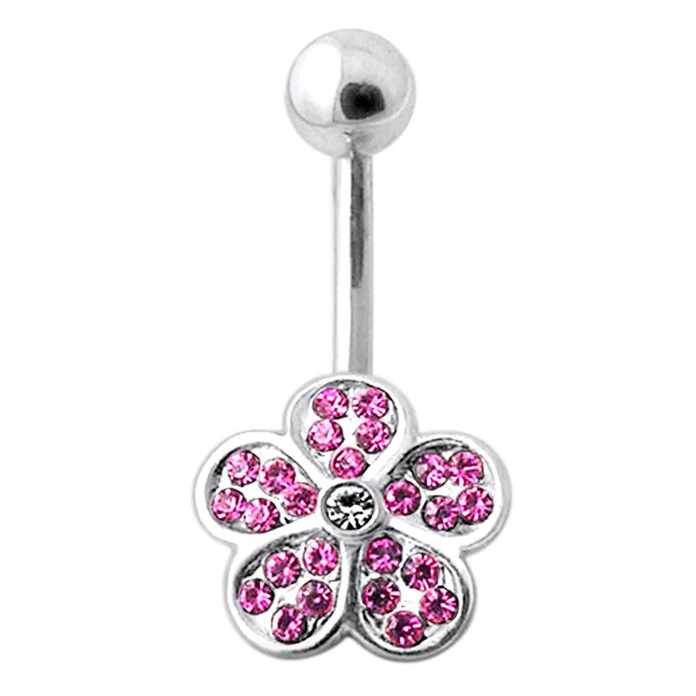 Silver belly button ring with titanium stem, Small Pretty Flower in Pink