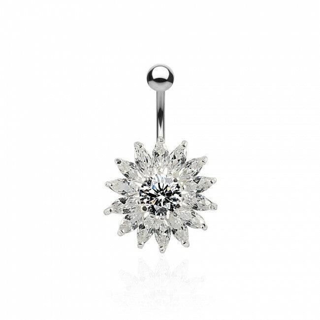 Titanium navel necklace, Lily-like round model with clear stones