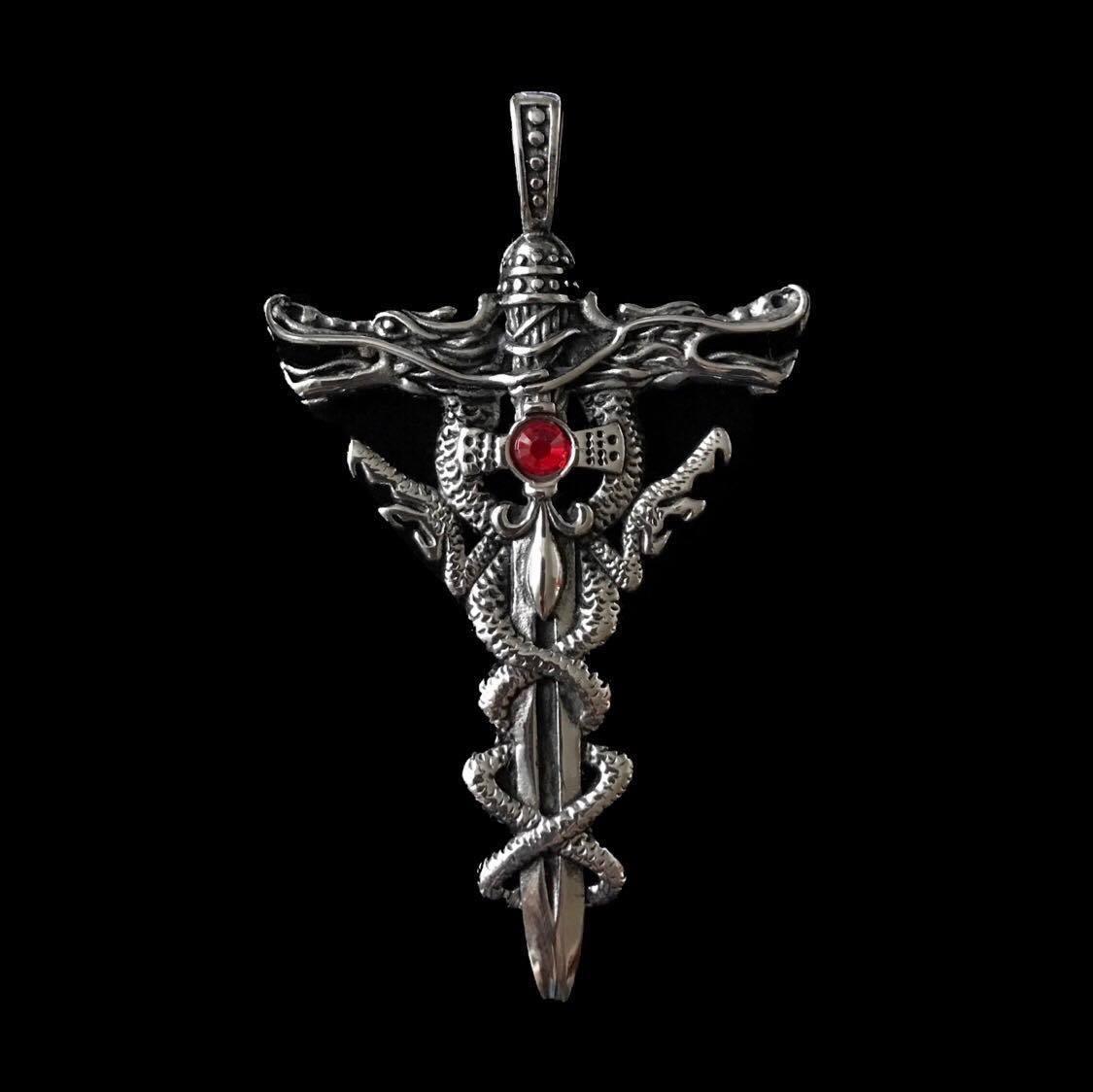 Surgical steel pendant, XL Dragon Sword (dragon, sword)