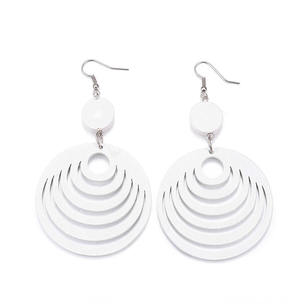 Wooden earrings, Waves (white) - white round wooden earrings