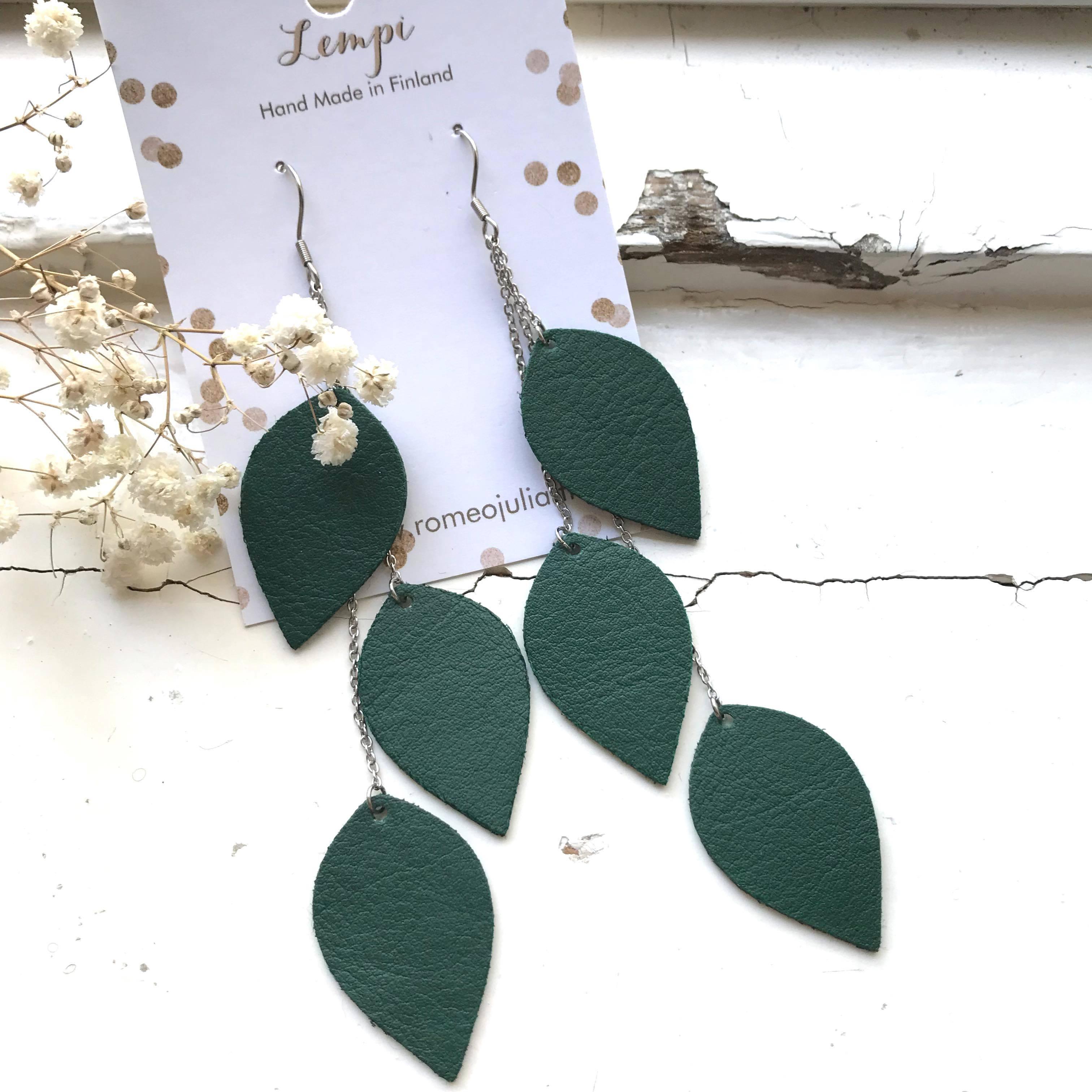 LEMPI earrings, Leaves (dark green, three-piece)