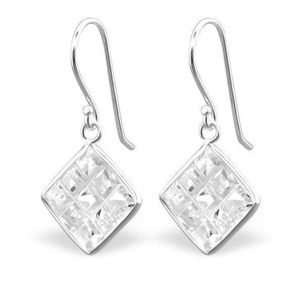 Silver earrings, Cubic Zirconia, beveled square (clear)