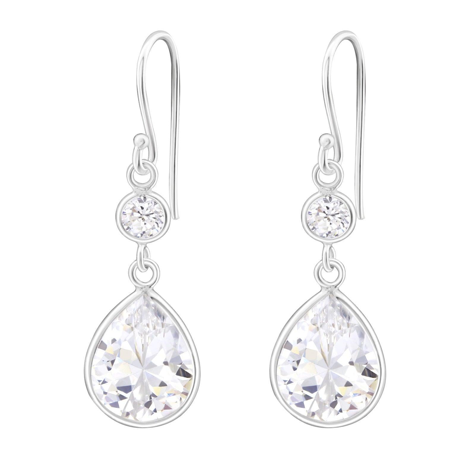 Silver earrings, Cubic Zirconia Drop with round small crystal (clear)