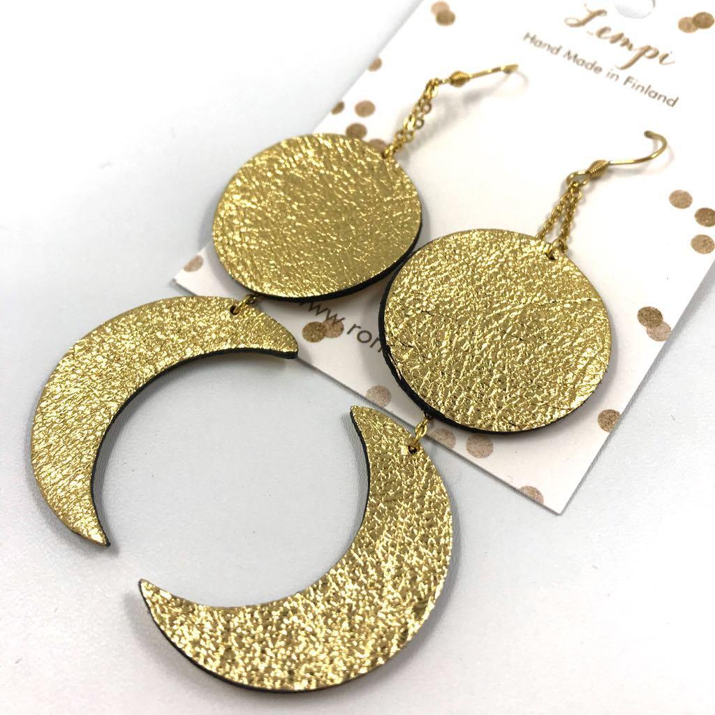 LEMPI earrings, Sun and moon (gold, leather)