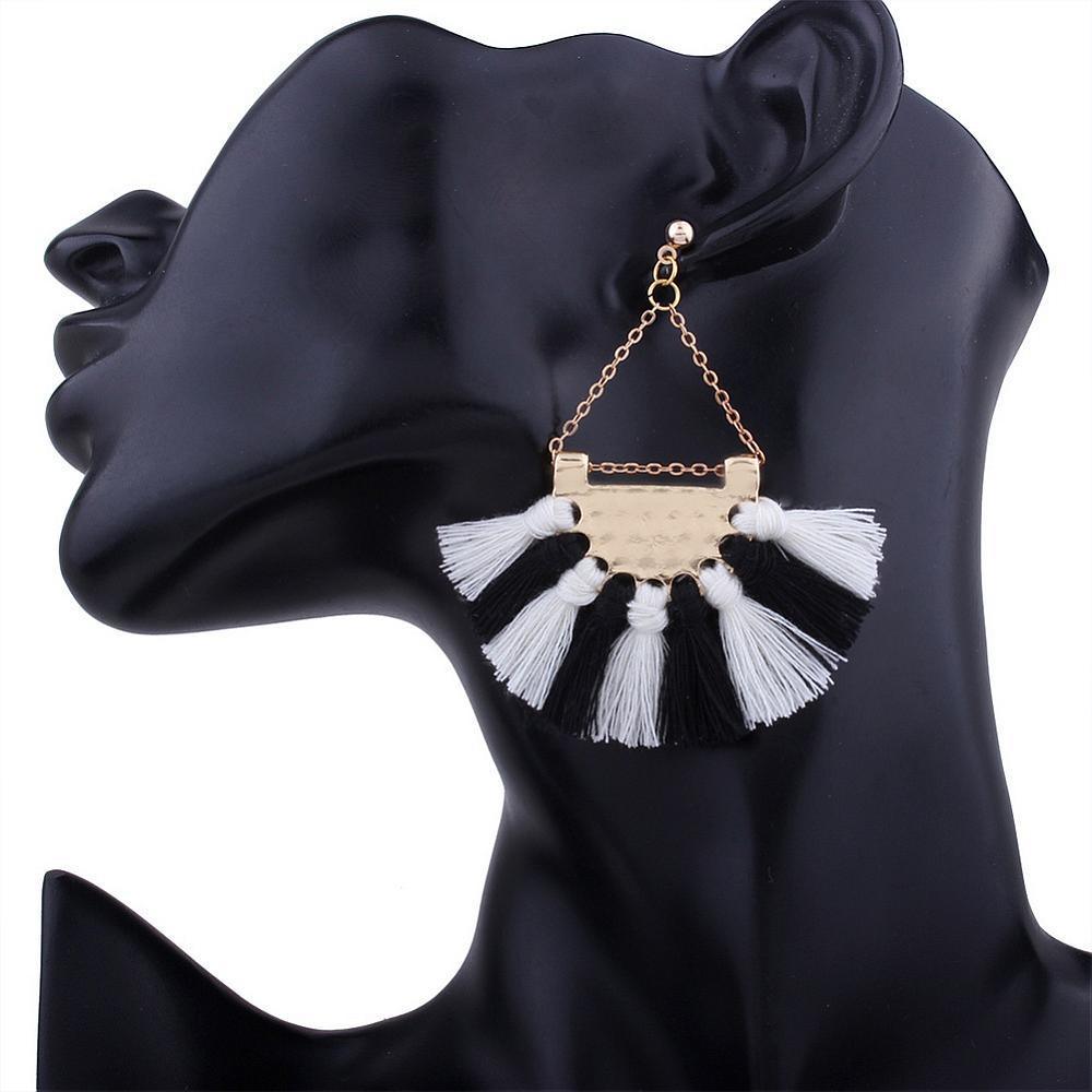 Earrings, Fan Shaped Tassels in Black &amp; White