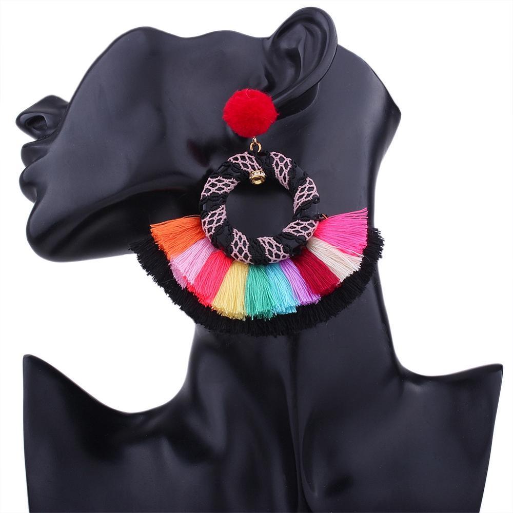 Earrings, Fan Shaped Tassels in Black &amp; White