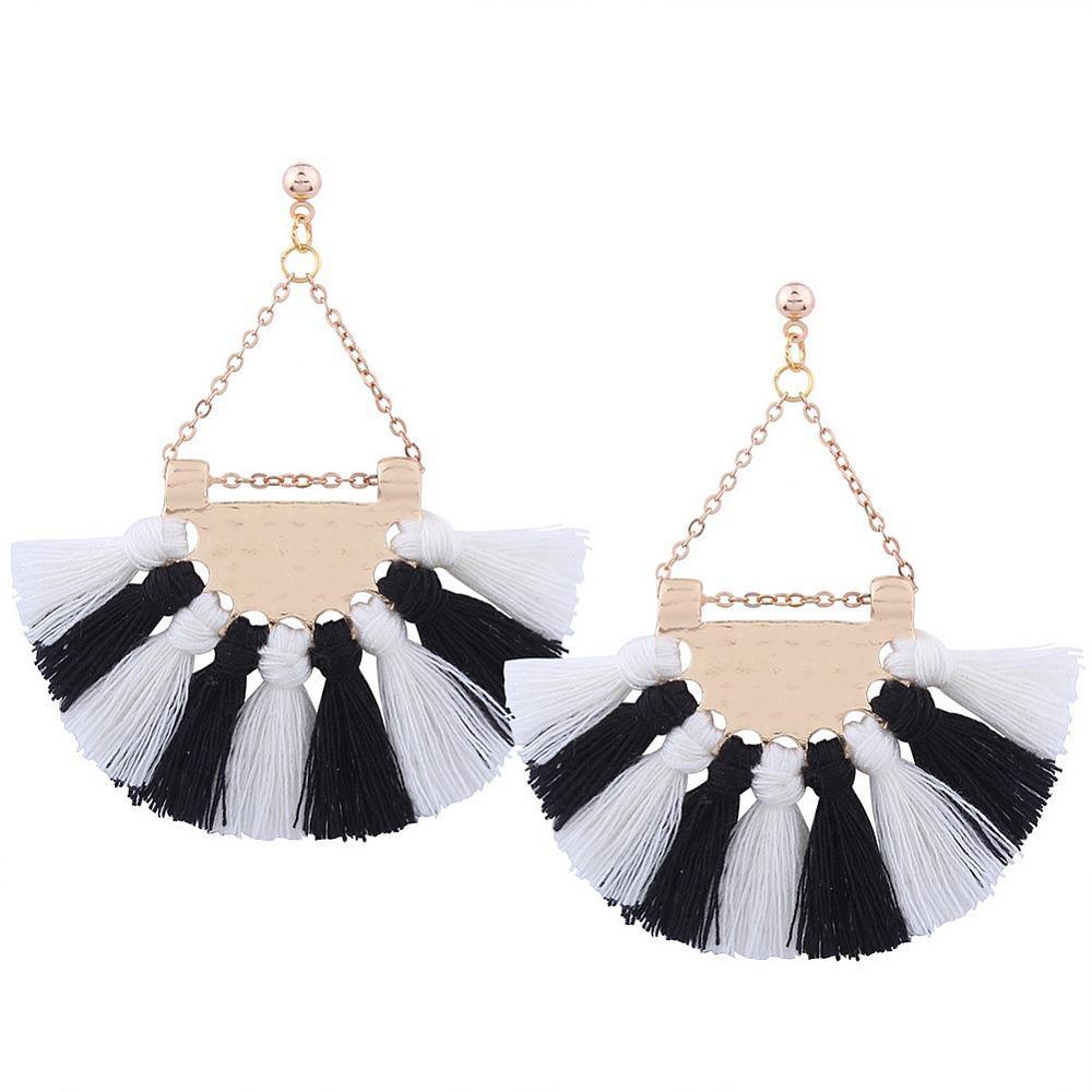 Earrings, Fan Shaped Tassels in Black &amp; White