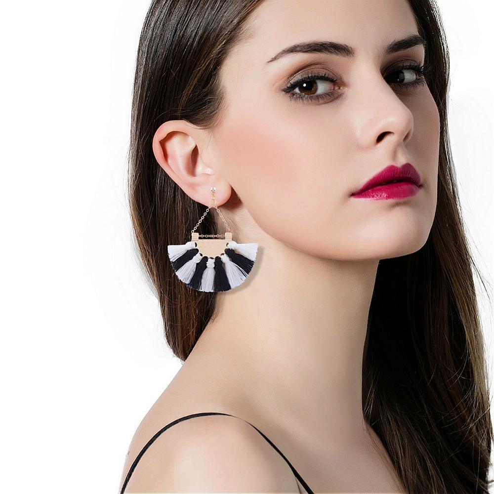 Earrings, Fan Shaped Tassels in Black &amp; White