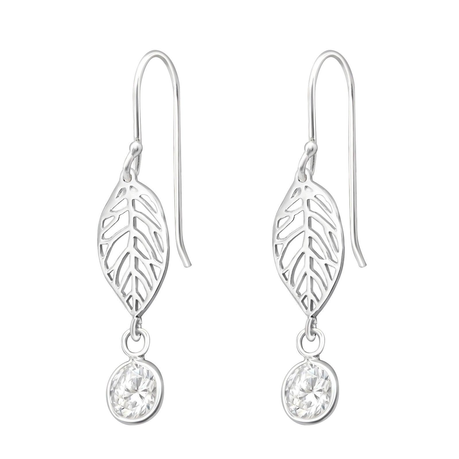 Silver earrings, Delicate Leaf with Cubic Zirconia (leaf with clear crystal)