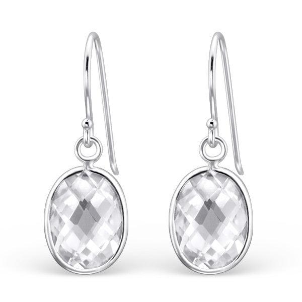 Silver Earrings, Clear Cubic Zirconia Oval