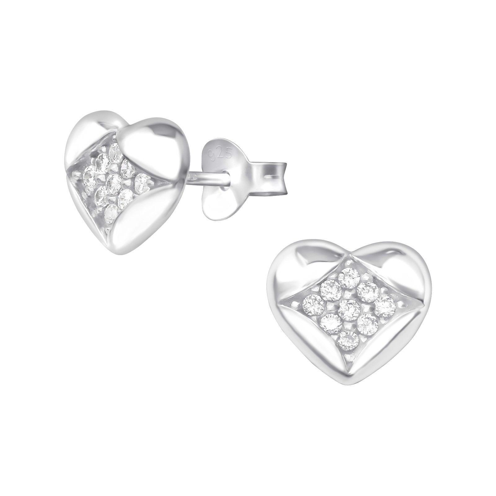 Silver stud earrings, Heart (Cubic Zirconia)