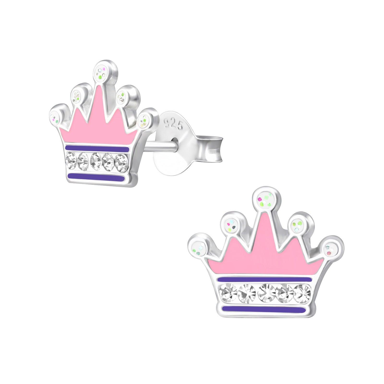 Silver stud earrings, Pink princess crown