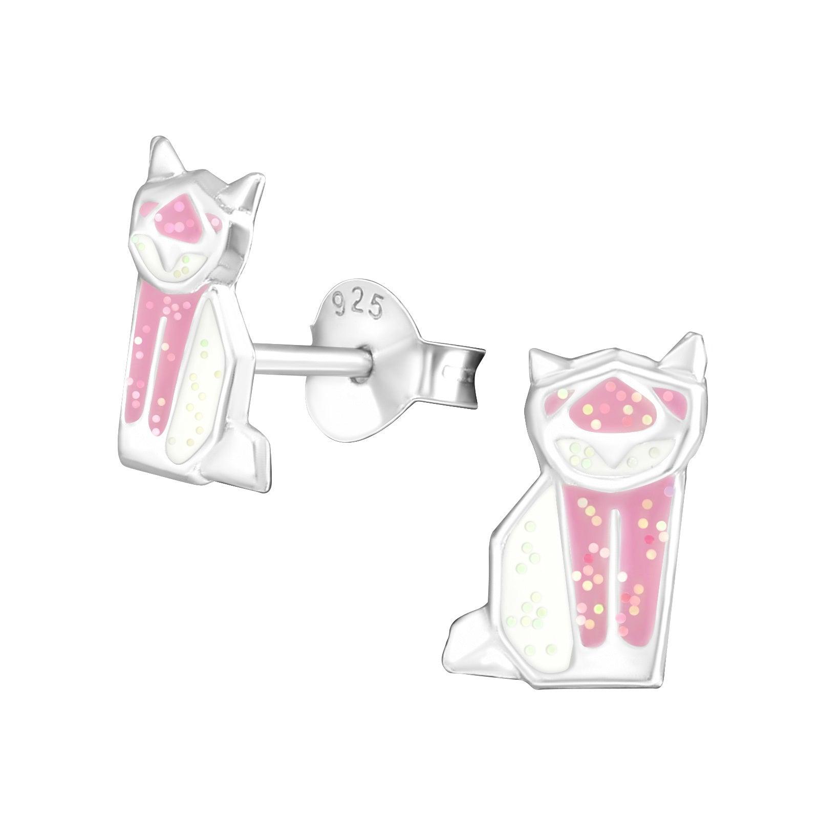 Silver earrings, Origami cat (pink)