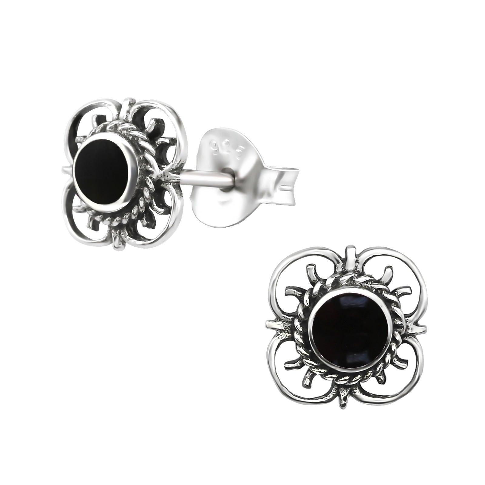 Silver stud earrings, Antique Silver Flower (silver stud with black center)