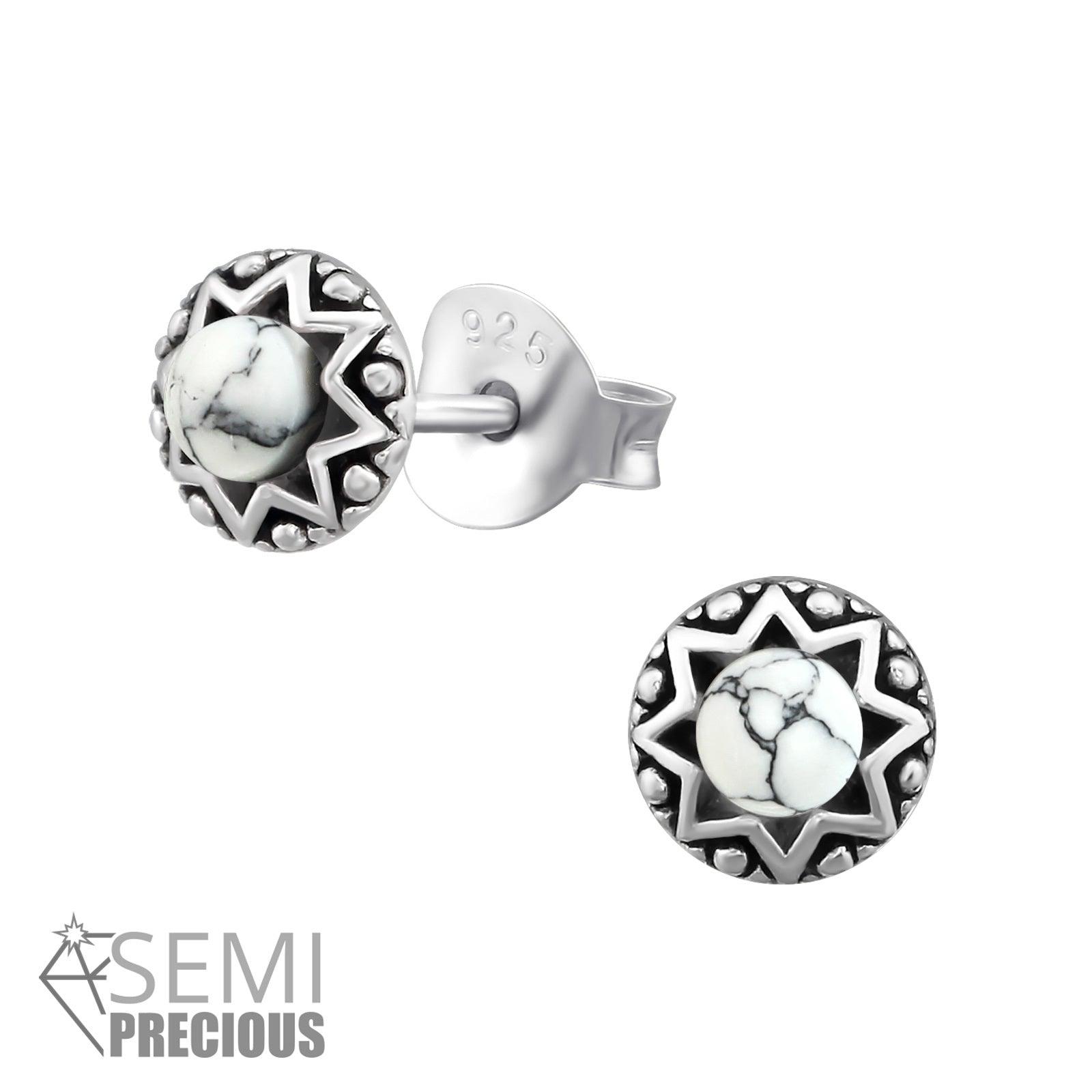 Silver stud earrings, Antique Silver Howlite (howlite natural stone)