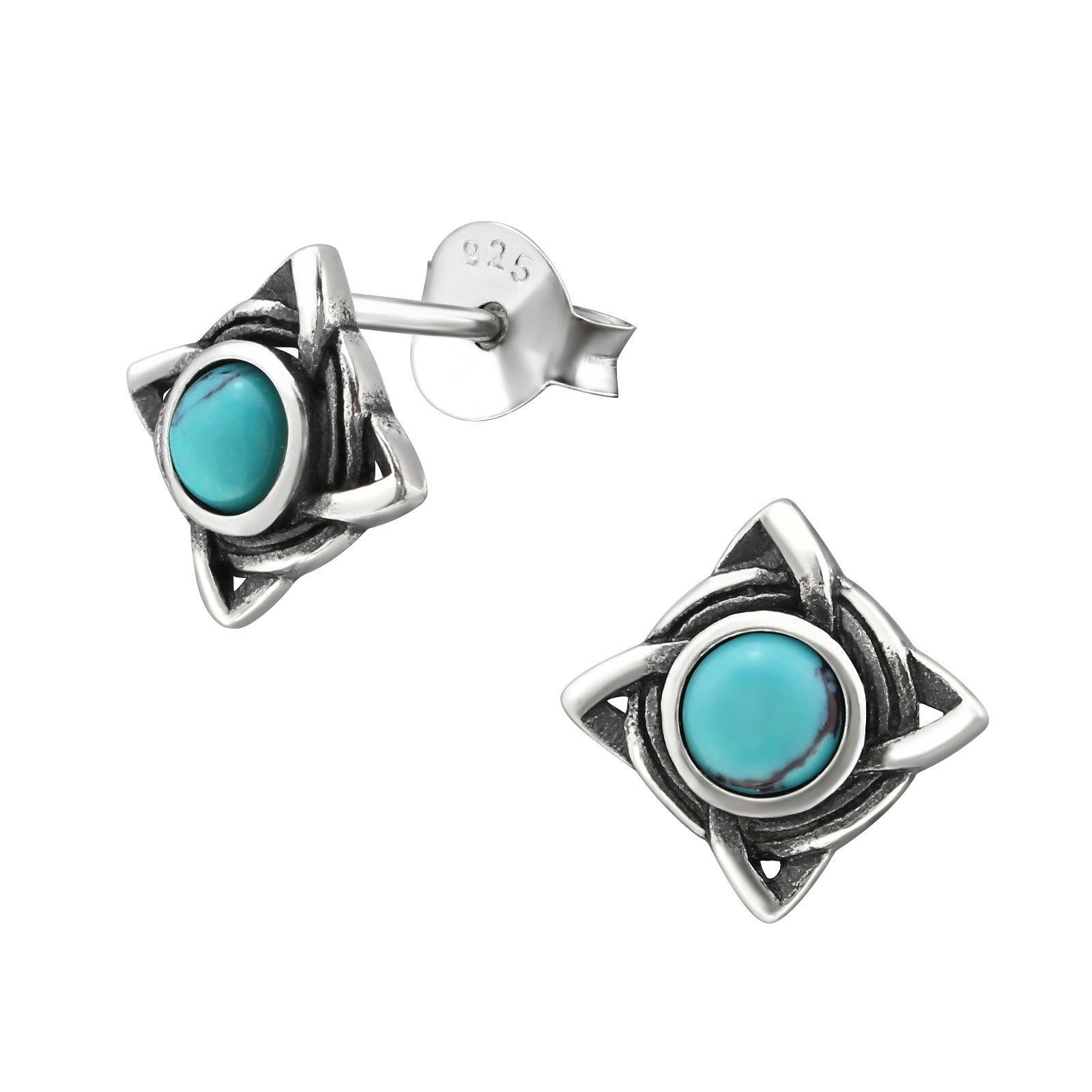 Hopeiset korvanapit, Square Antique Silver with Blue Turqoise Imitation (synteettinen turkoosi)