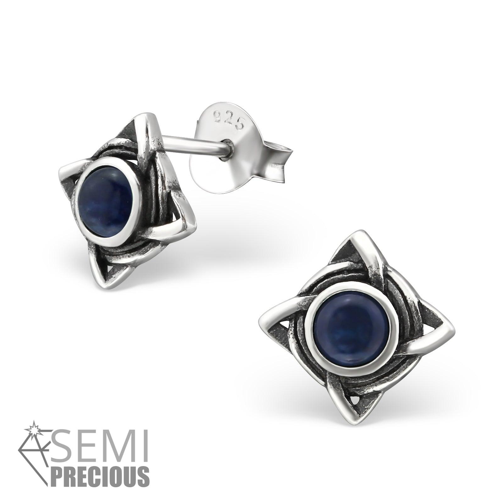 Silver stud earrings, Square Antique Silver with Sodalite (sodalite natural stone)