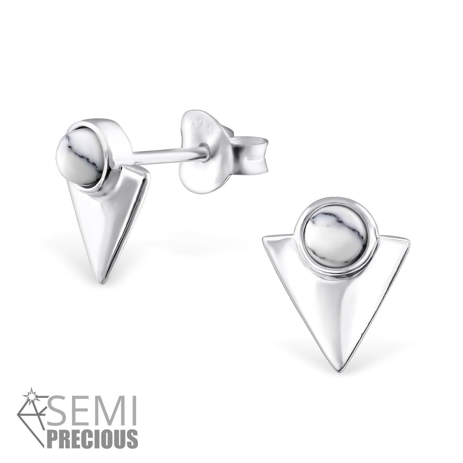 Silver stud earrings, Mini Triangle with Howlite (howlite natural stone in a small triangle)