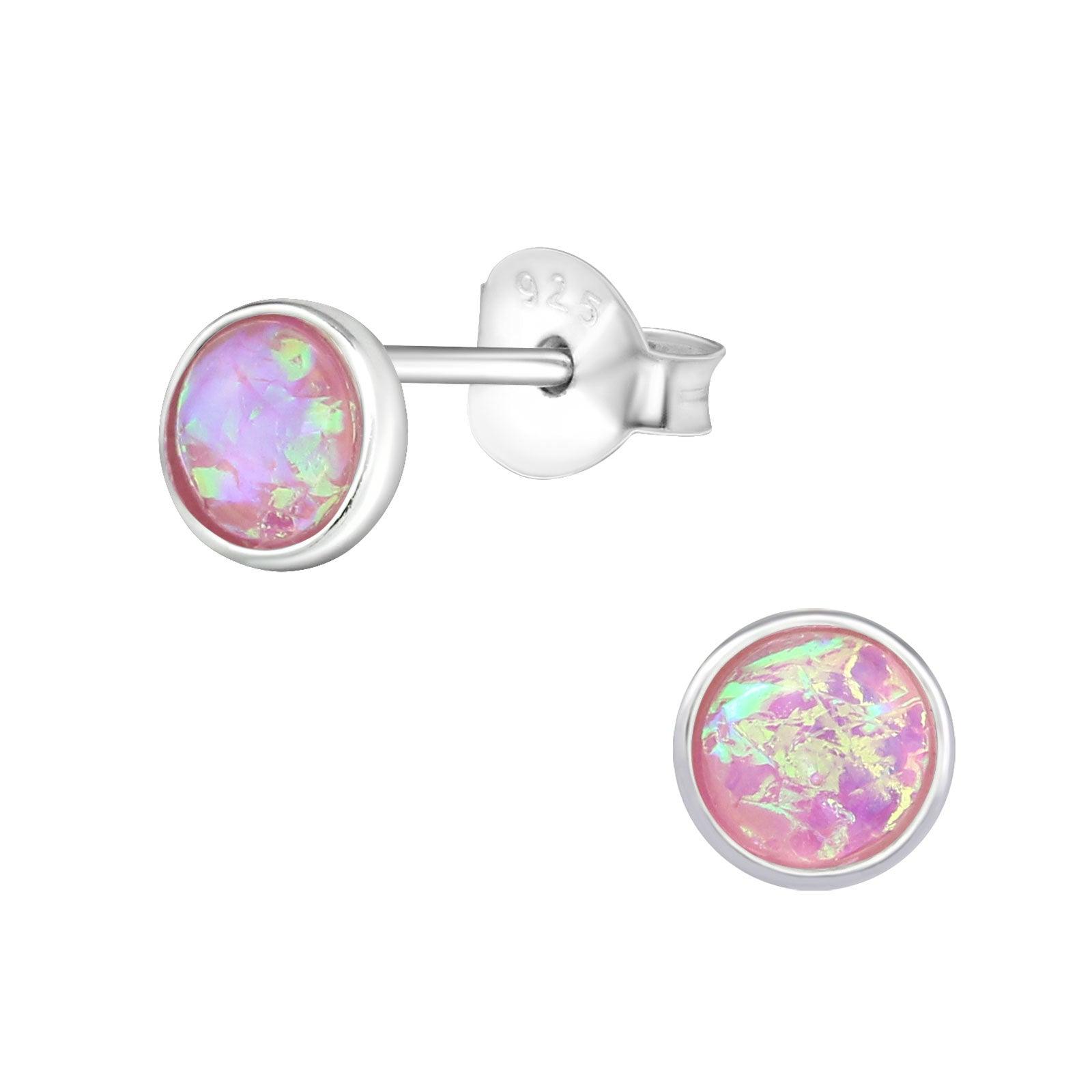 Silver Stud Earrings, Small Round with Pink Opal Imitation (synthetic opal)