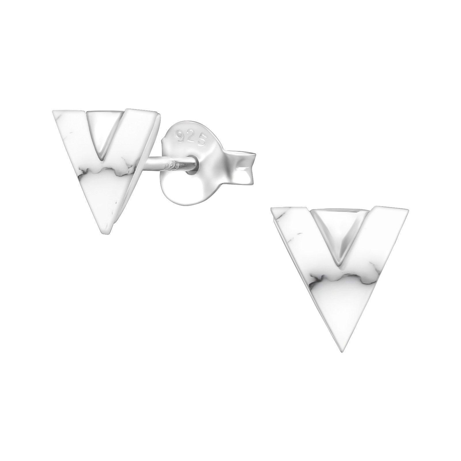 Silver earrings, ModernTriangle with Howlite Imitation (synthetic howlite in triangle)