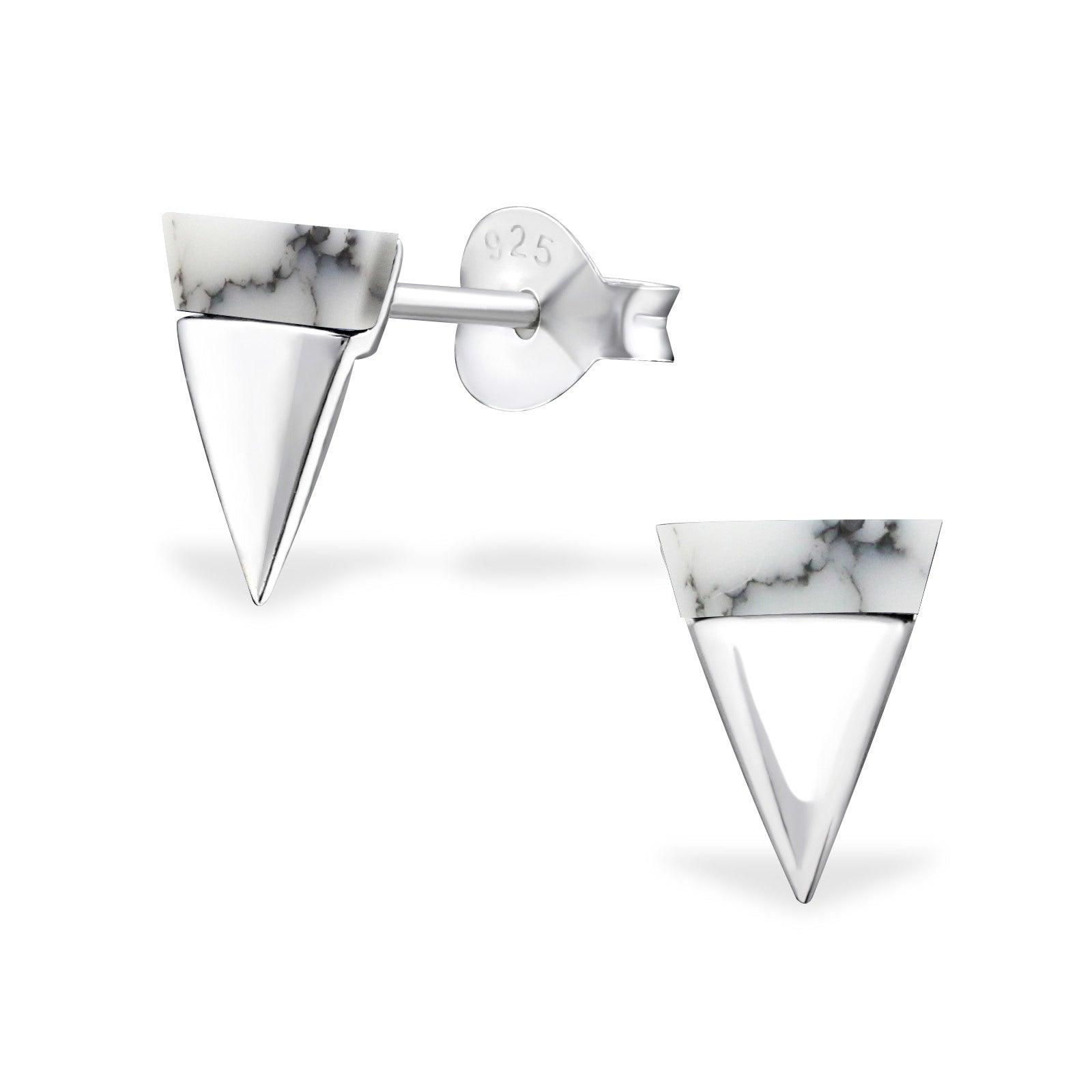 Silver Stud Earrings, Simple Triangle with Imitation Howlite