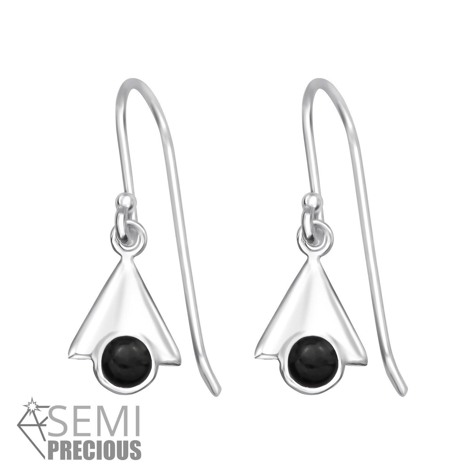 Silver earrings, Modern Triangle with Black Onyx (onyx natural stone)