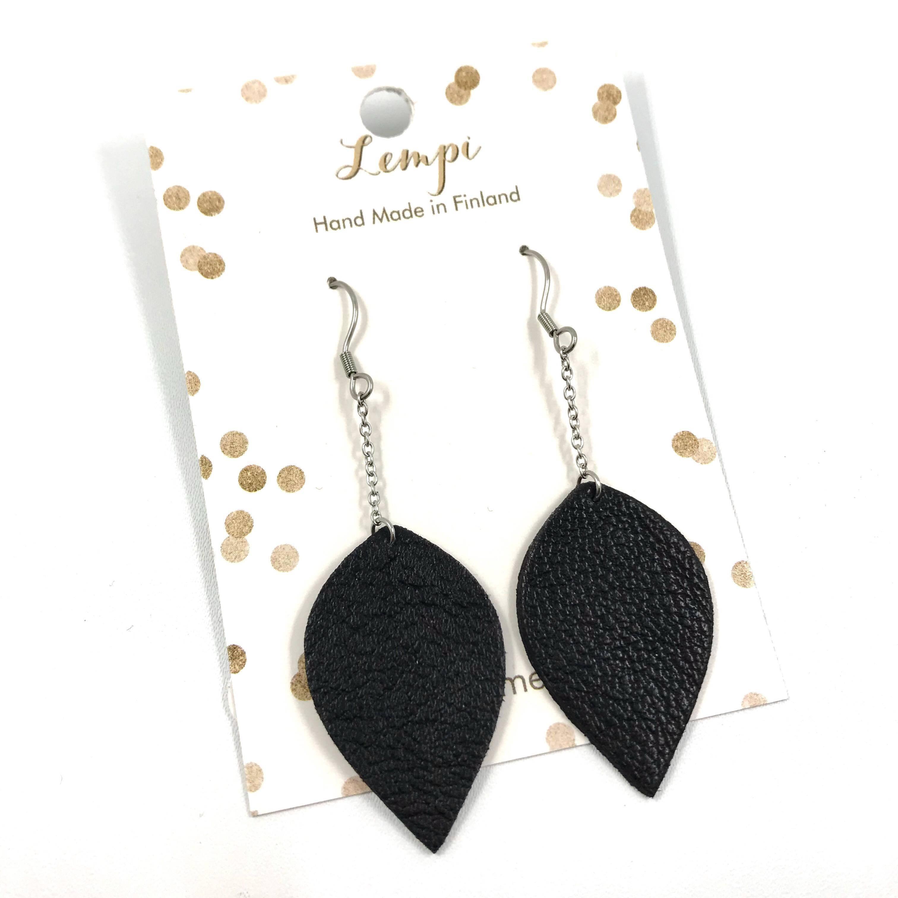 LEMPI earrings, Leaves (1 piece, black with chain)