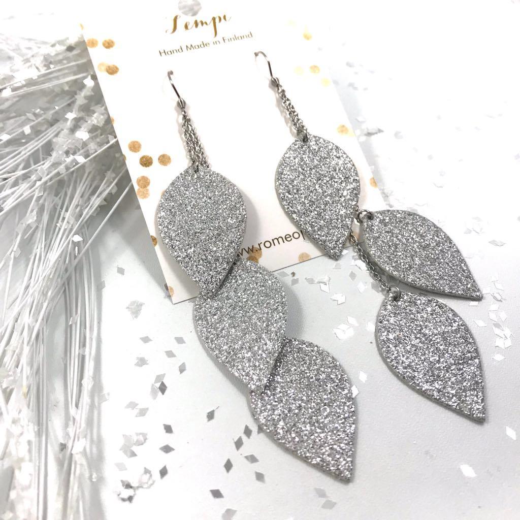 LEMPI earrings, Leaves (3rd part, silver glitter)