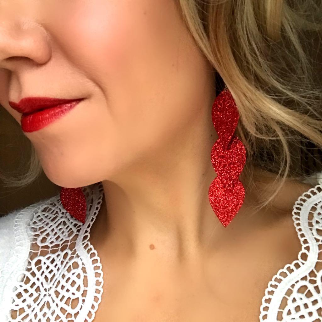 LEMPI earrings, Leaves (red glitter)