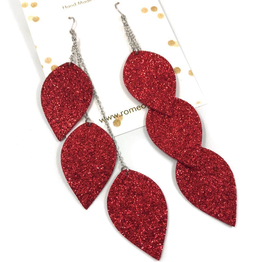 LEMPI earrings, Leaves (red glitter)