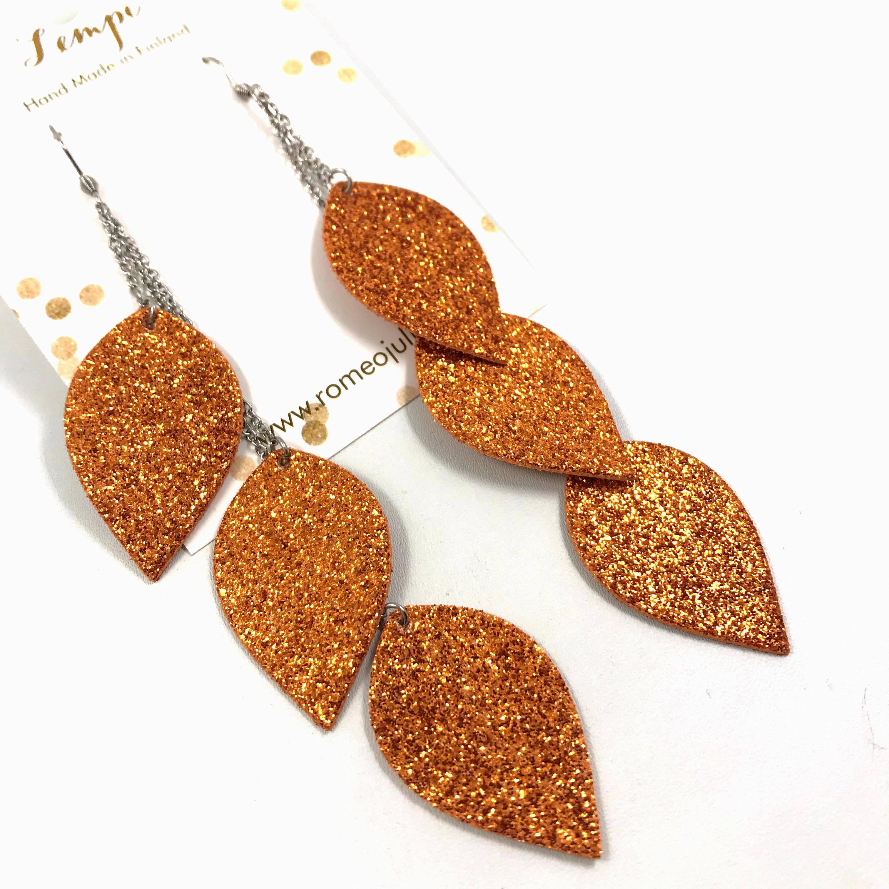 LEMPI earrings, Leaves (orange glitter, three-piece)