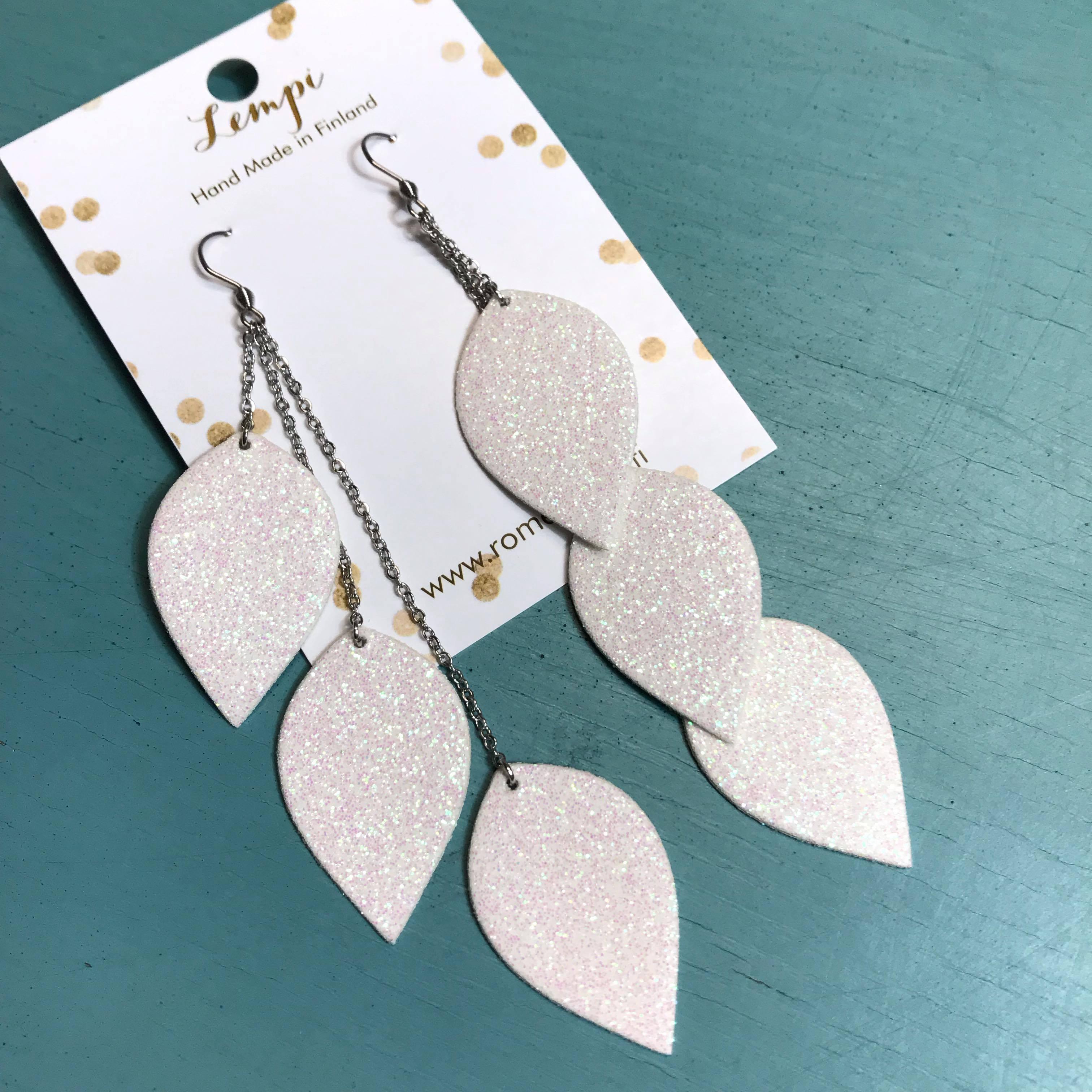 LEMPI earrings, Leaves (white glitter, three-piece)