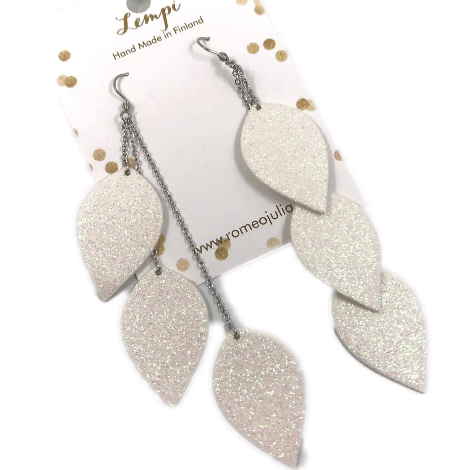 LEMPI earrings, Leaves (white glitter, three-piece)