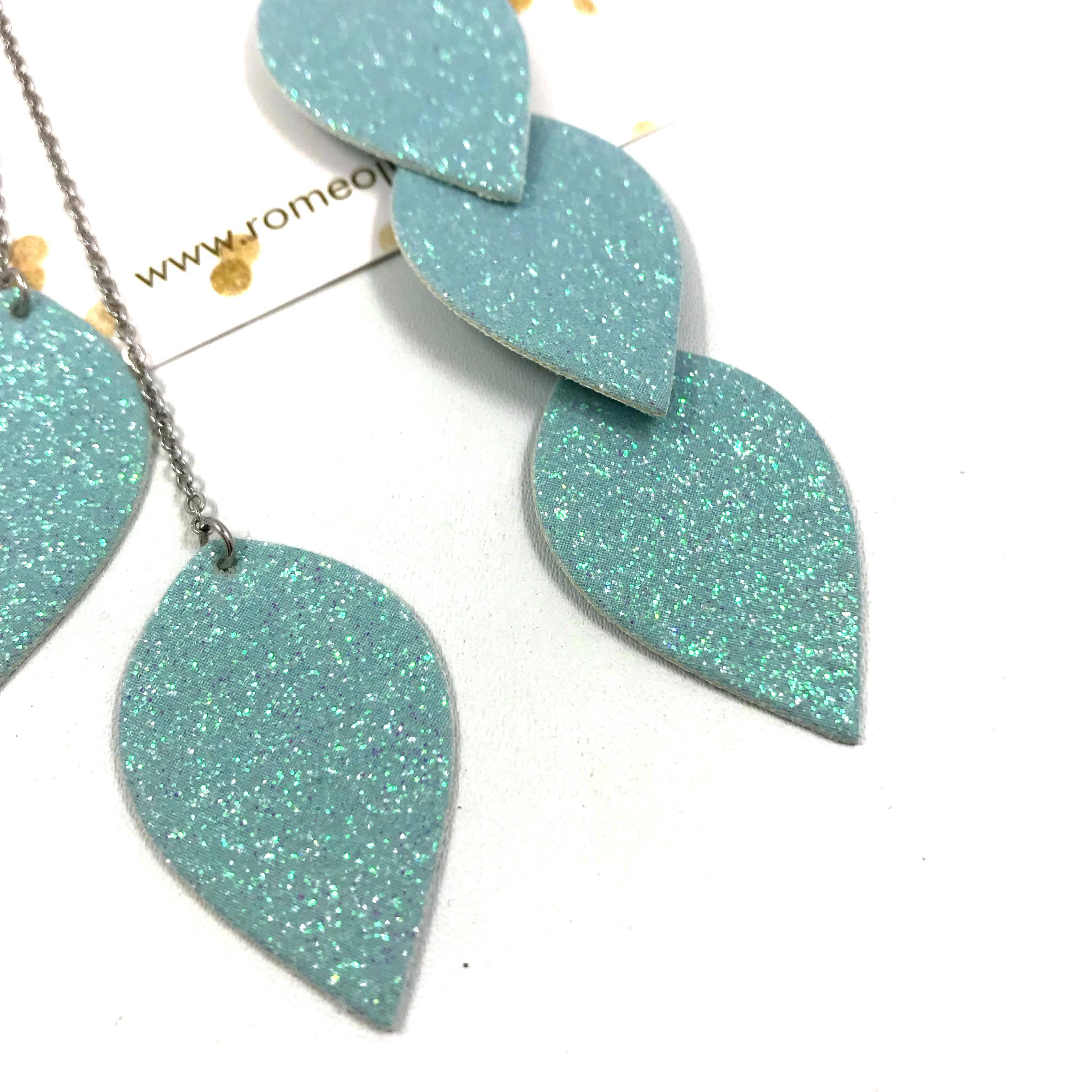 LEMPI earrings, Leaves (mint glitter, three-piece)