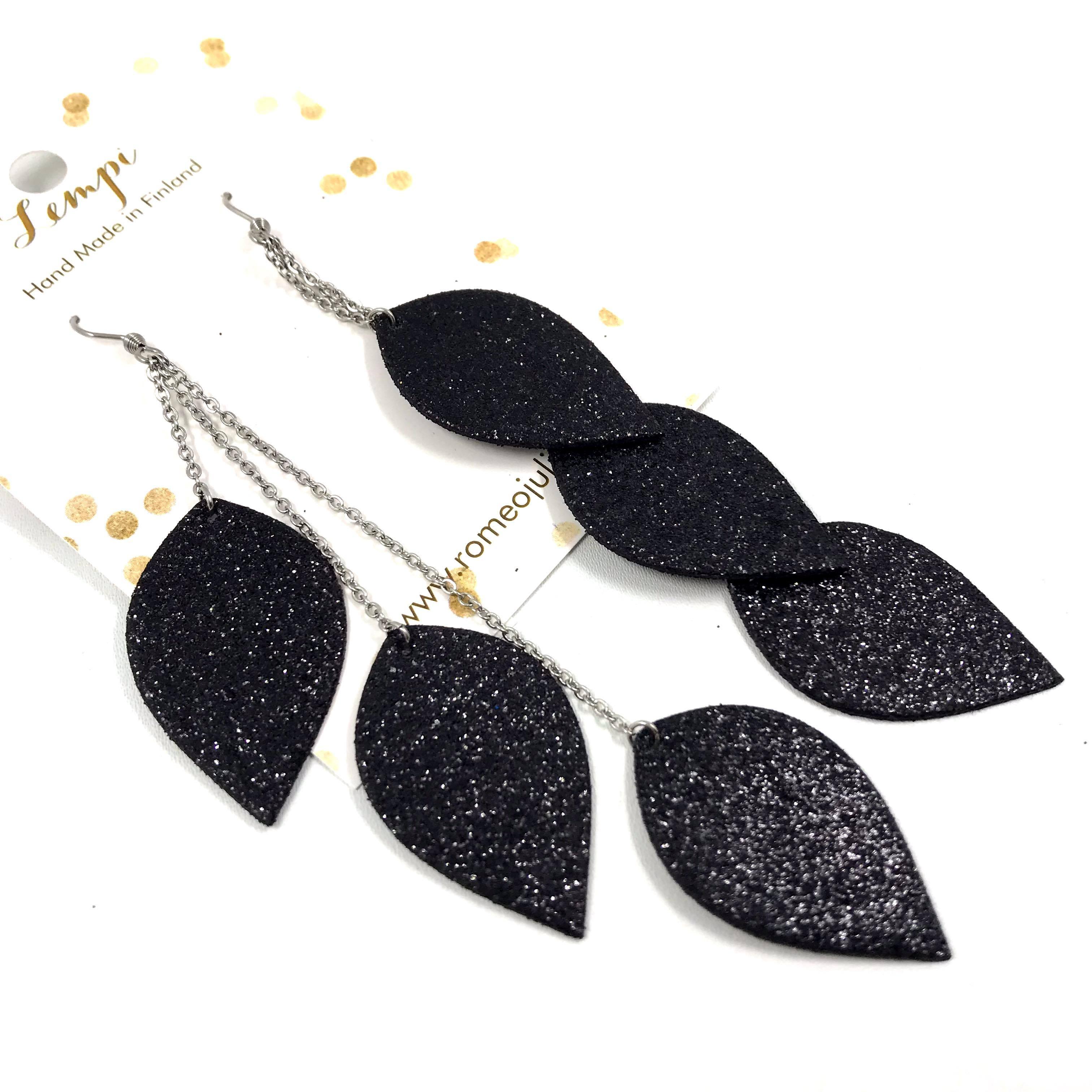 LEMPI earrings, Leaves (black glitter, three-piece)