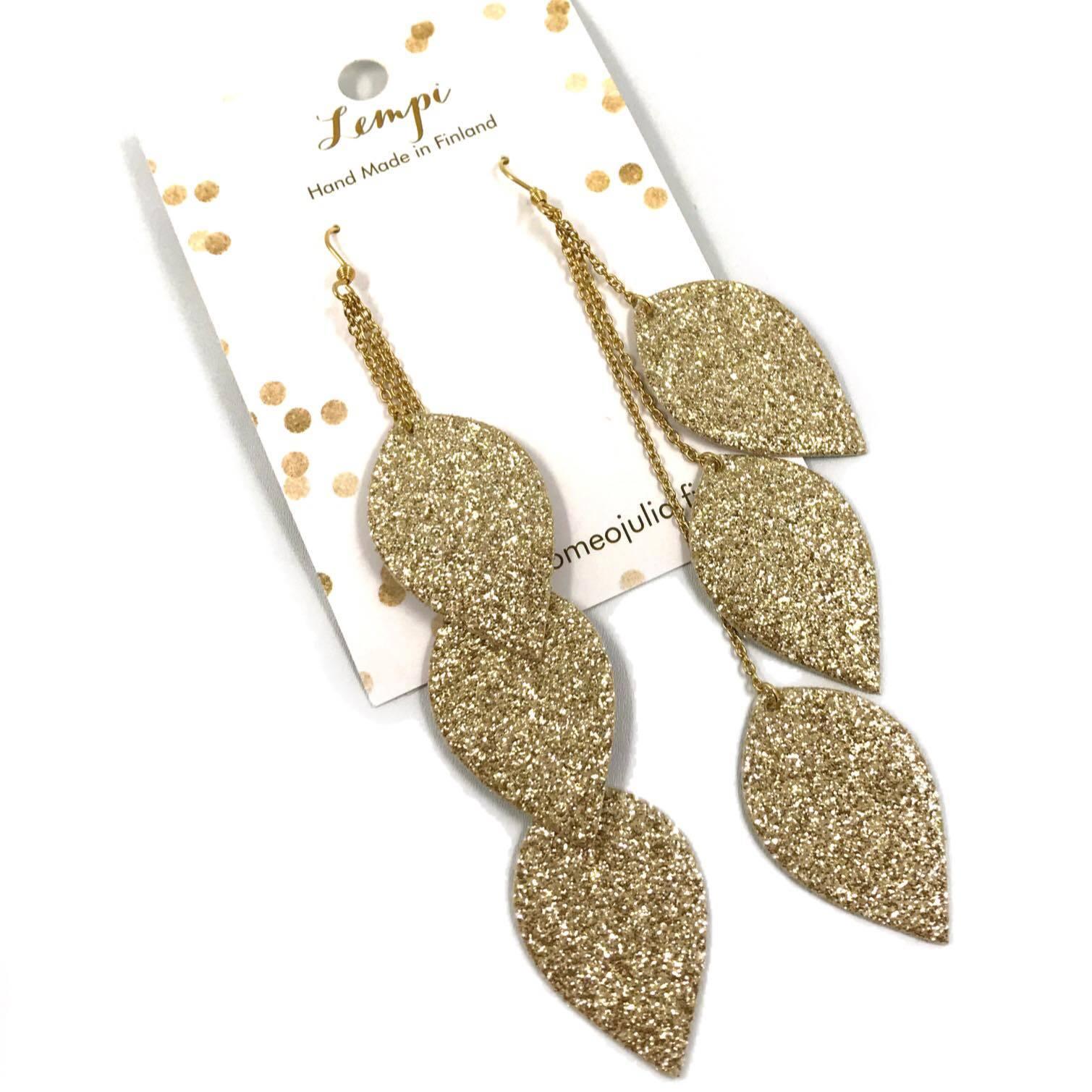 LEMPI earrings, Leaves (3 pieces, gold glitter)