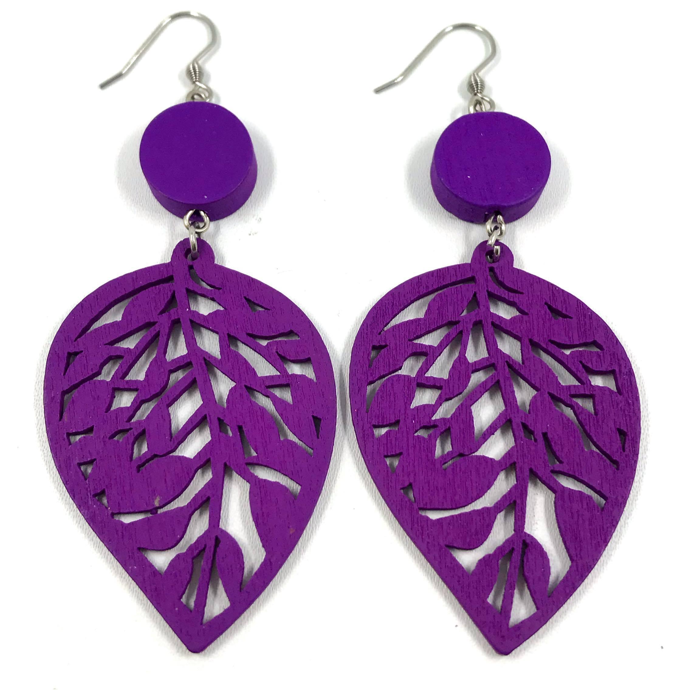 Wooden earrings, Leaf (purple)