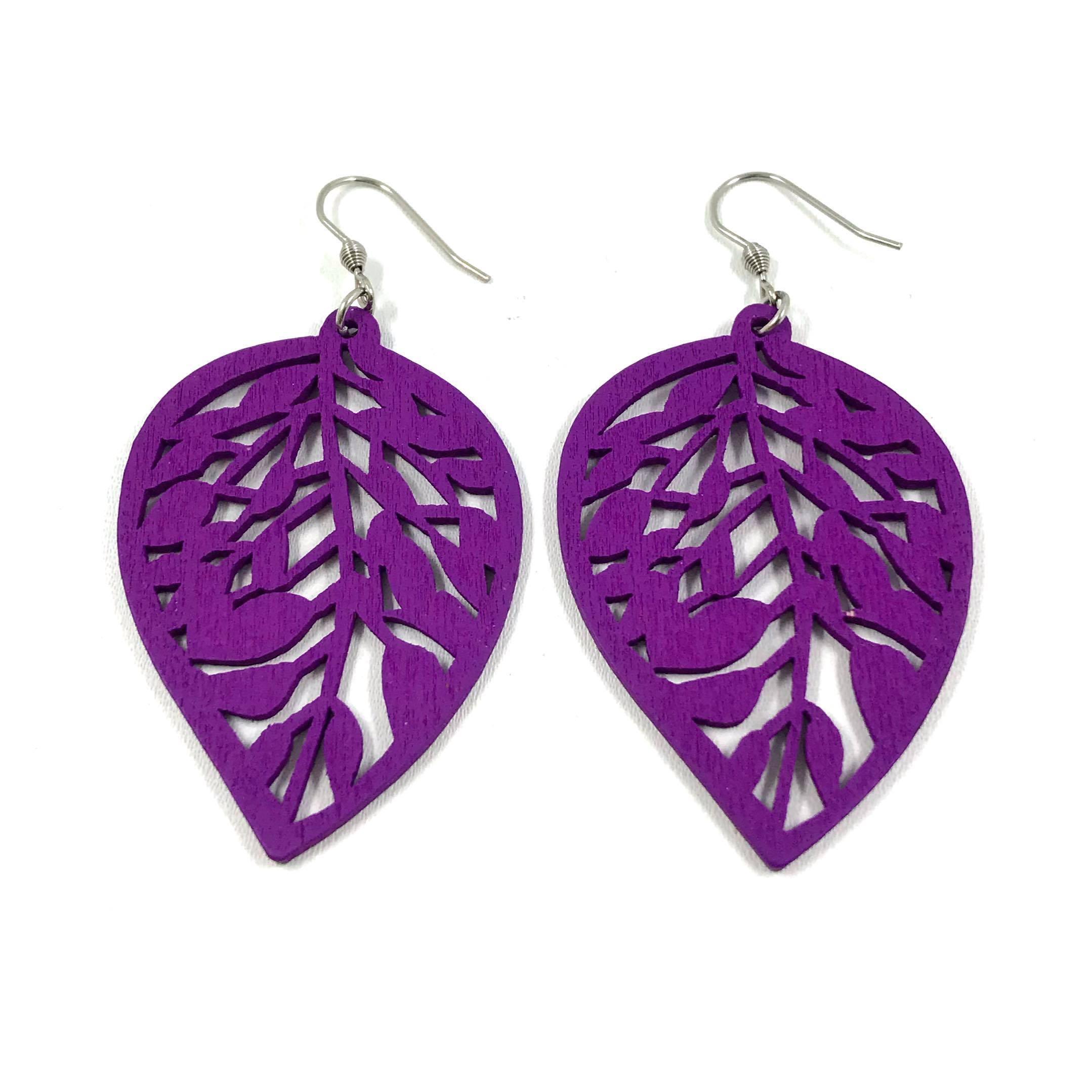 Wooden earrings, Leaf (purple, short version)