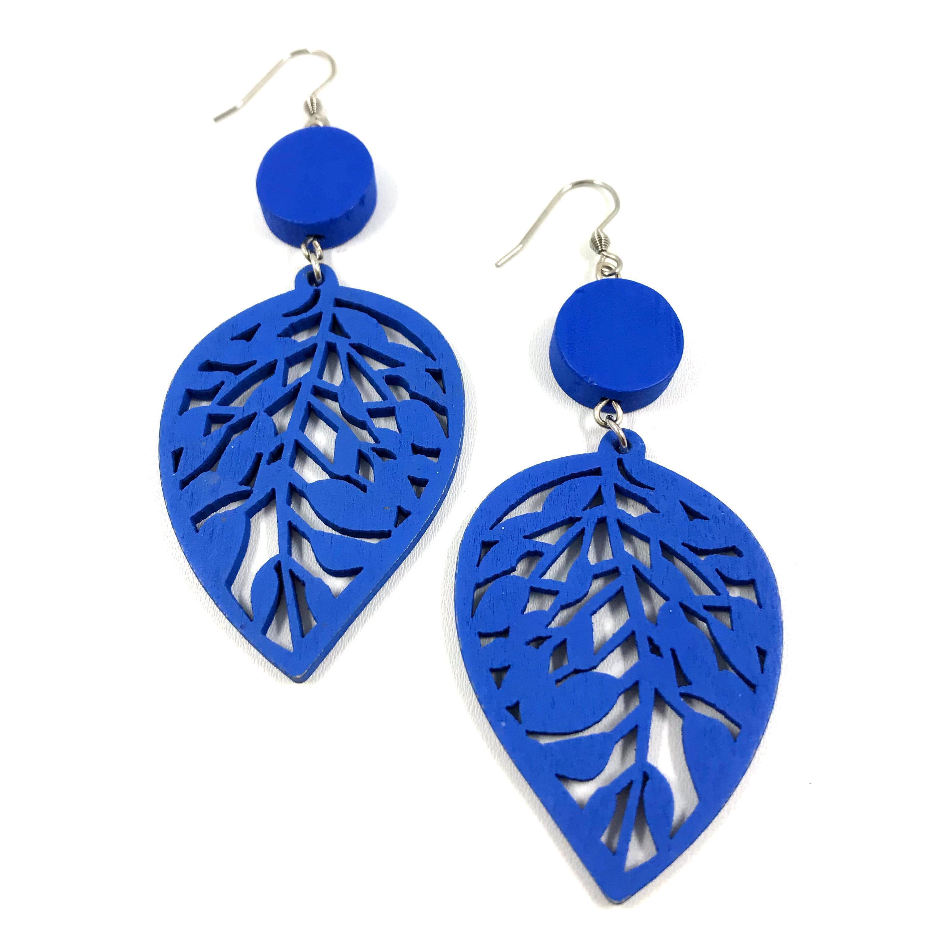 Wooden earrings, Leaf (blue)