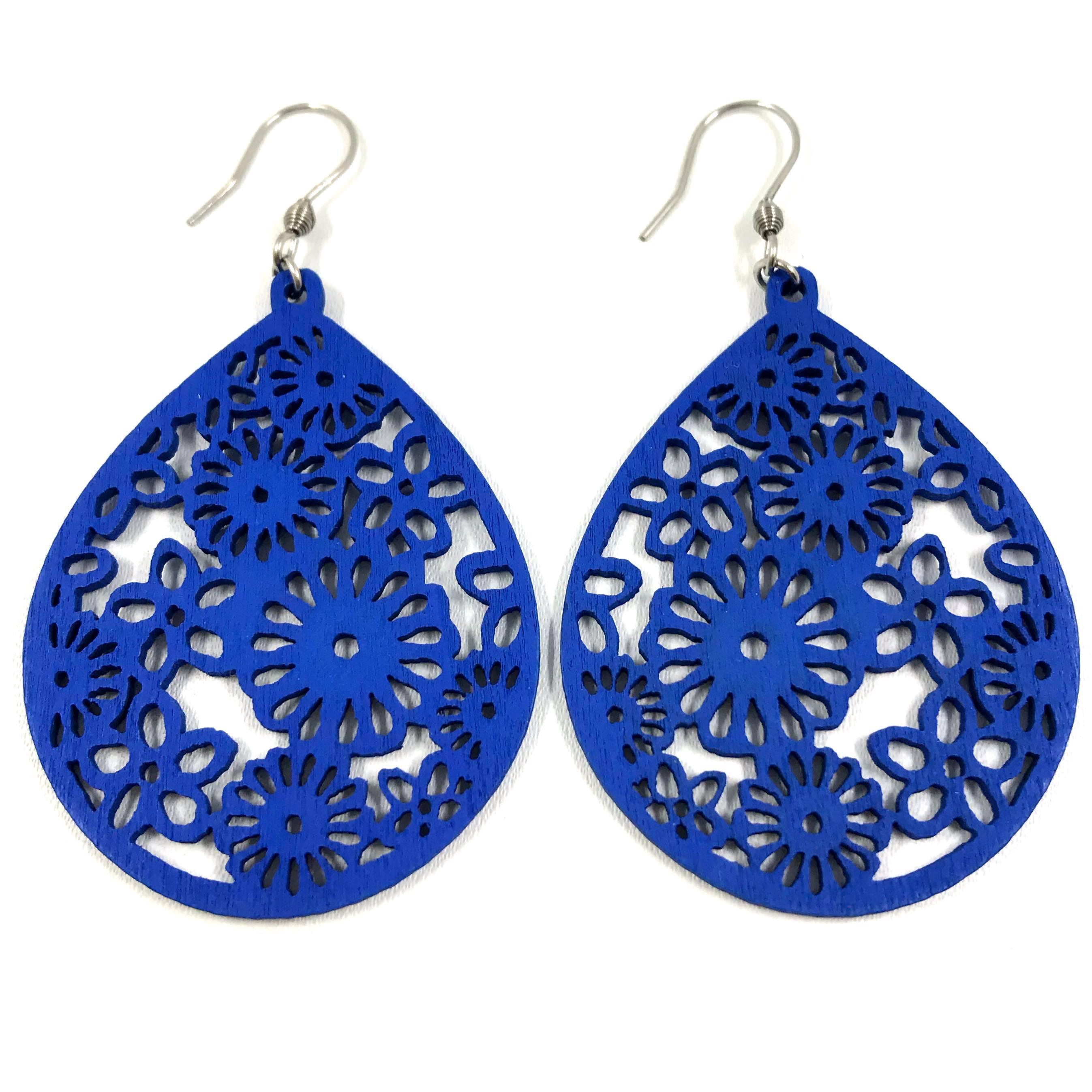 Wooden earrings, Drop (blue)