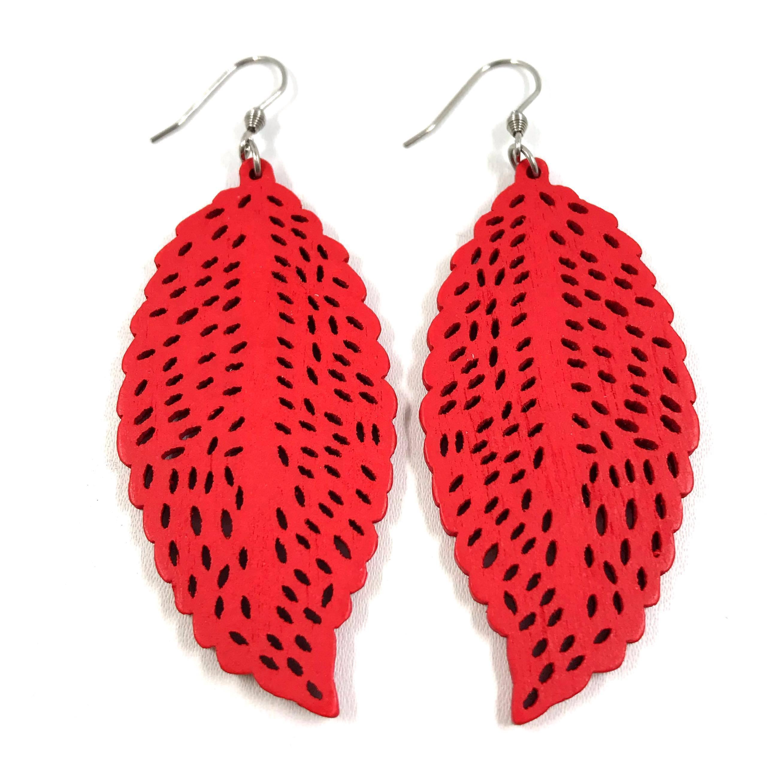 Wooden earrings, Narrow leaf (red)